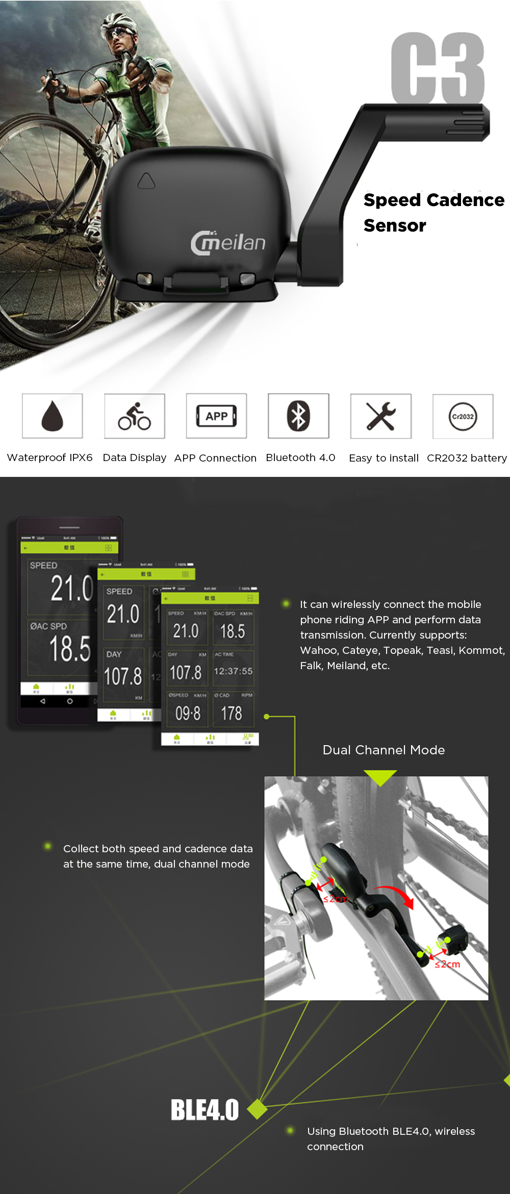 Wireless Bluetooth 4.0 2.4Ghz Cycling Speed Cadence Bike Sensor App for Phone 
