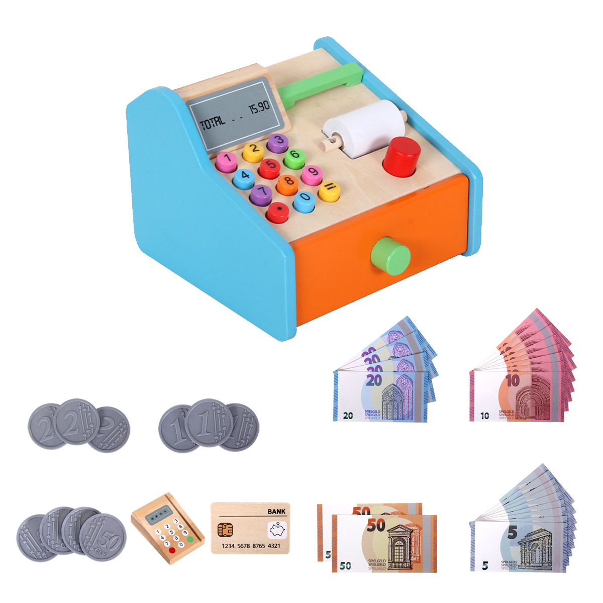 Wooden Cash Register Shop Grocery Checkout Play Game Learn Education Toys for Kids Perfect Gift - Photo: 3