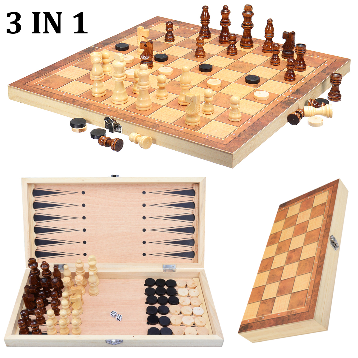 Large Wooden Chess Set Folding Chessboard Pieces Wood Board Kid Gift Toy 3 IN 1 