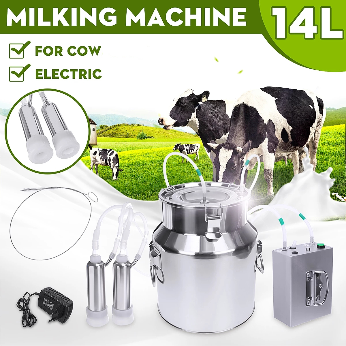 14L Double Head Milking Machine Vacuum Impulse Pump Cow Milker Upgraded US Plug