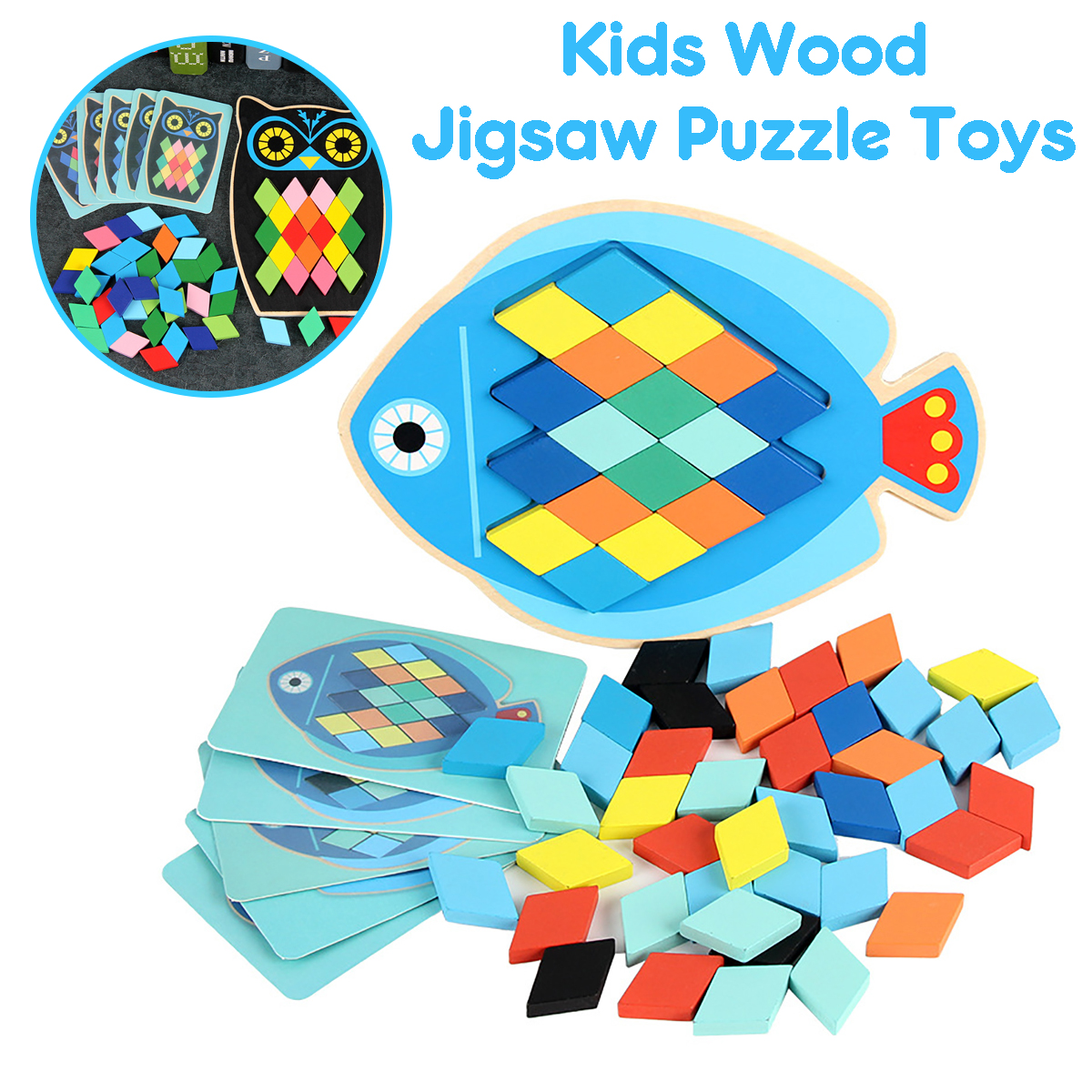 Wood DIY Assembly Jigsaw Puzzle Toy Colors Shapes Cartoon Fish Owl Matching Cards Toy for Children Learning - Photo: 9