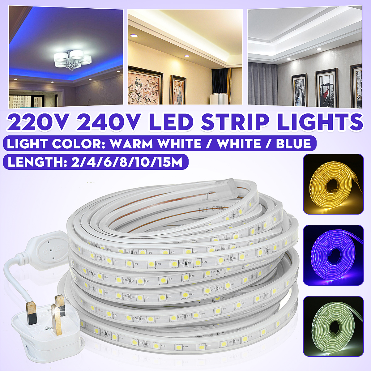 5050 LED Strip AC220V 240V 60LED/m Waterproof IP65 Garden Decking Kitchen Lights 