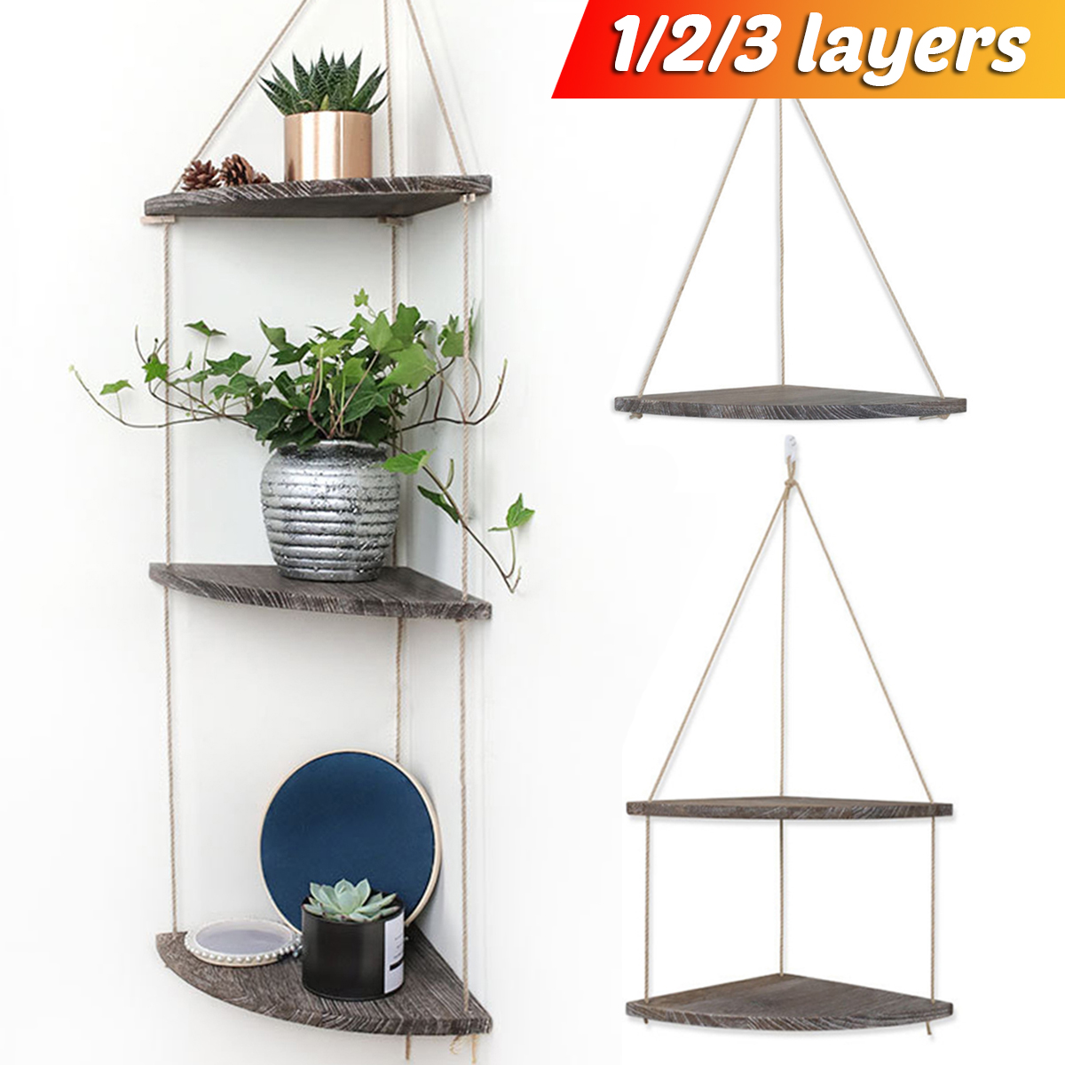 Javiem Wooden Storage Board Flower Pot Rack Wall Shelf Home Decor with Hanging Rope Fire Pit & Outdoor Fireplace Parts