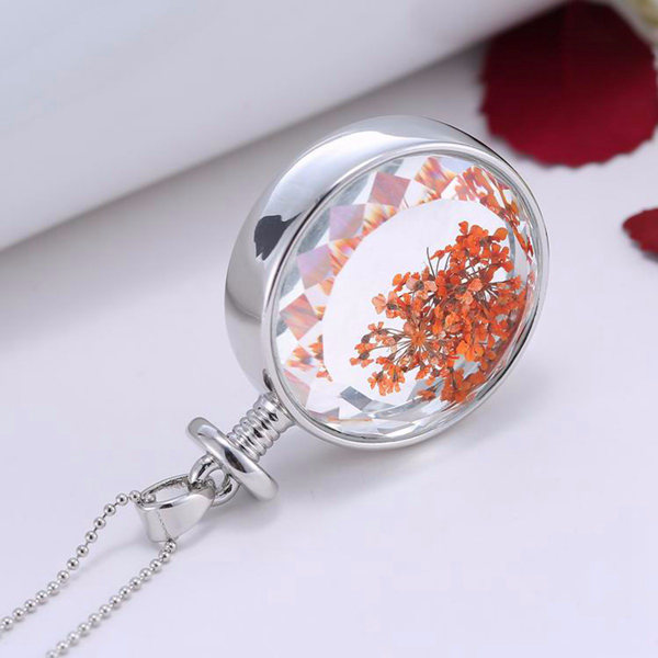Round Glass Dried Flower Women Pendant Necklace Gift