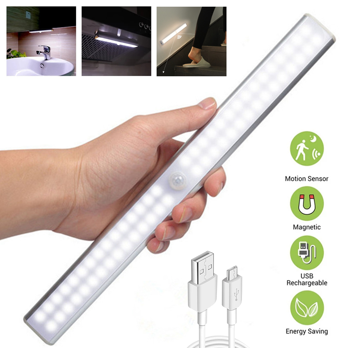 LED PIR Motion Sensor Night Light USB Rechargeable Cabinet Closet Strip Lamp 