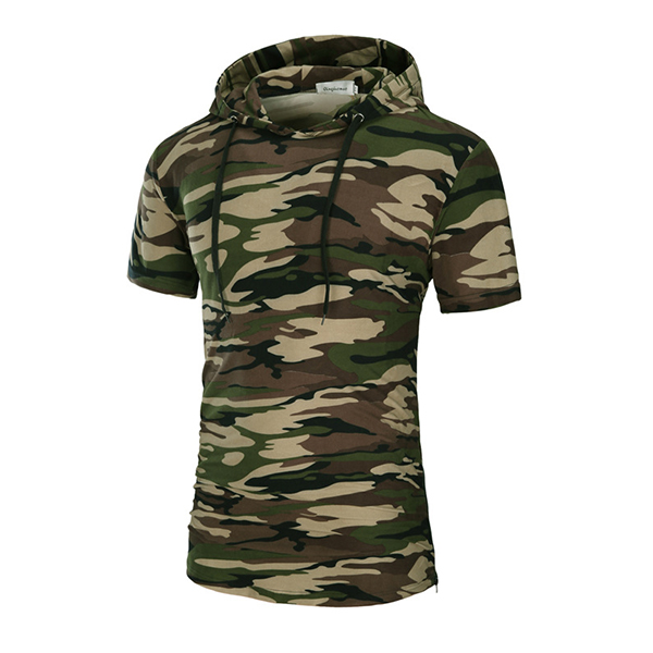 Summer Men's Casual Long Hooded T-shirt Camouflage Sports Short-sleeved T-shirt