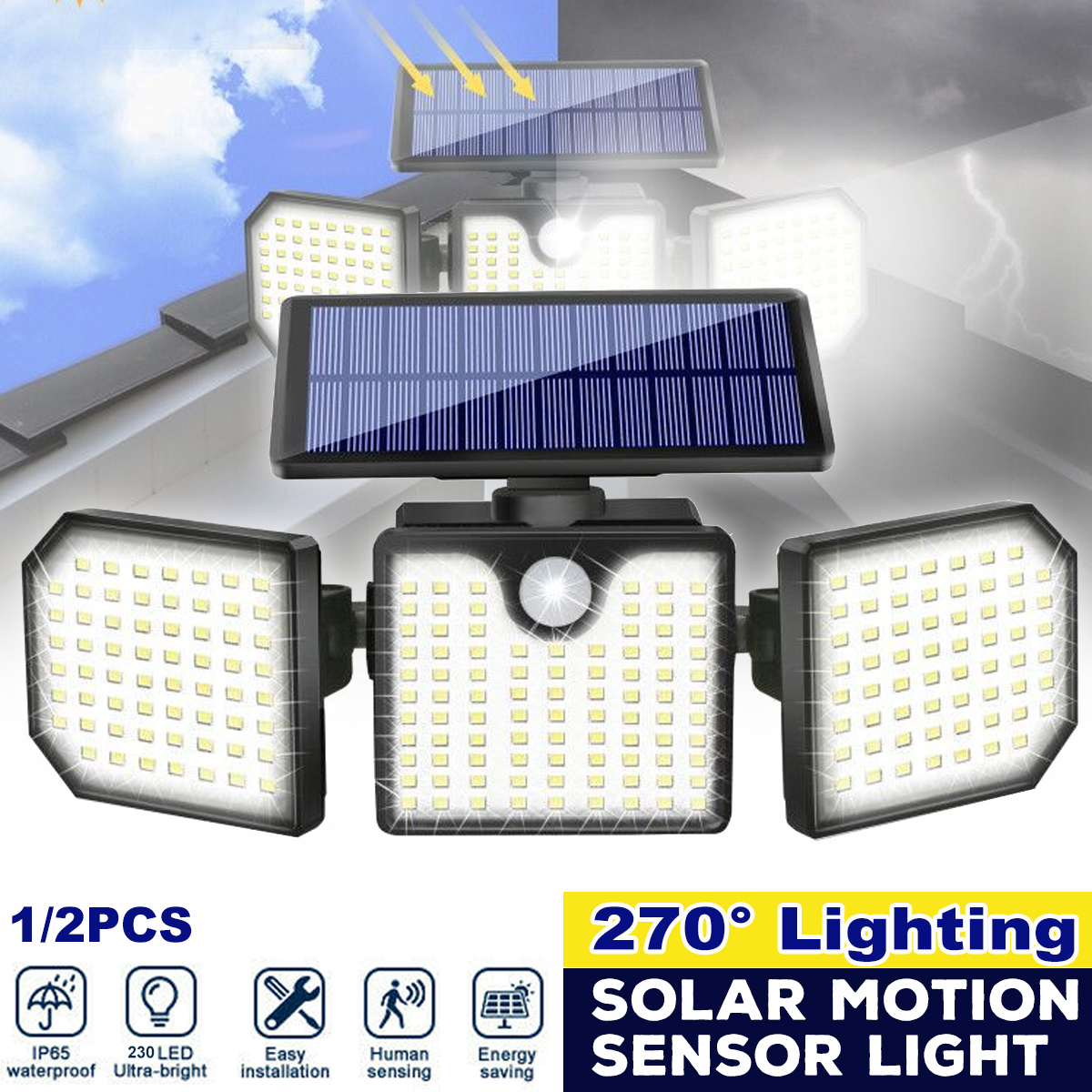 3 Head Motion Sensor Lights Adjustable 230Led Flood Light Solar Security Lights