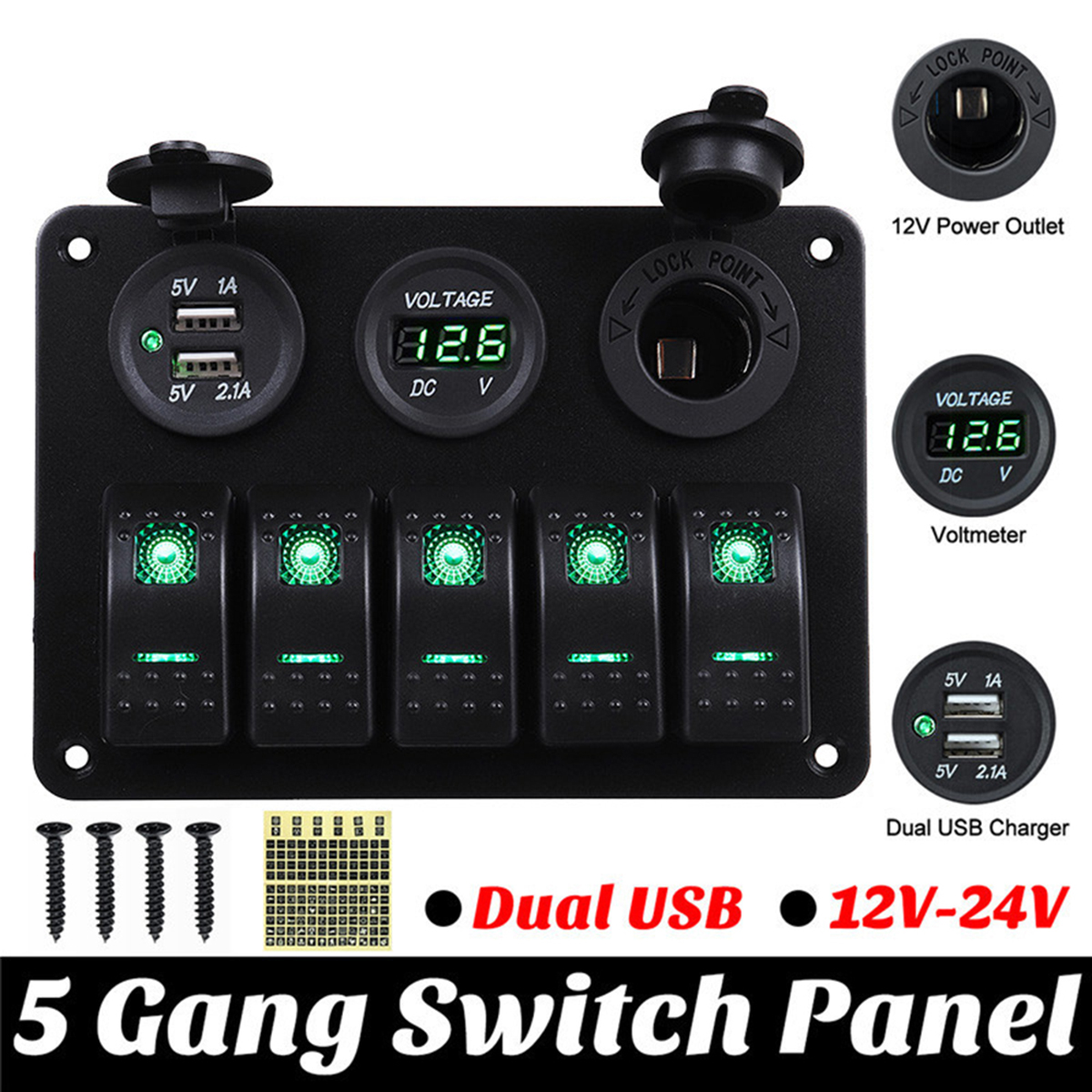 5 Gang LED Rocker Switch Control Panel 12V&24V Car Boat Marine 2 USB Voltmeter