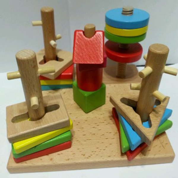 Children Wooden Toys Five Column Suit Colorful Building Blocks