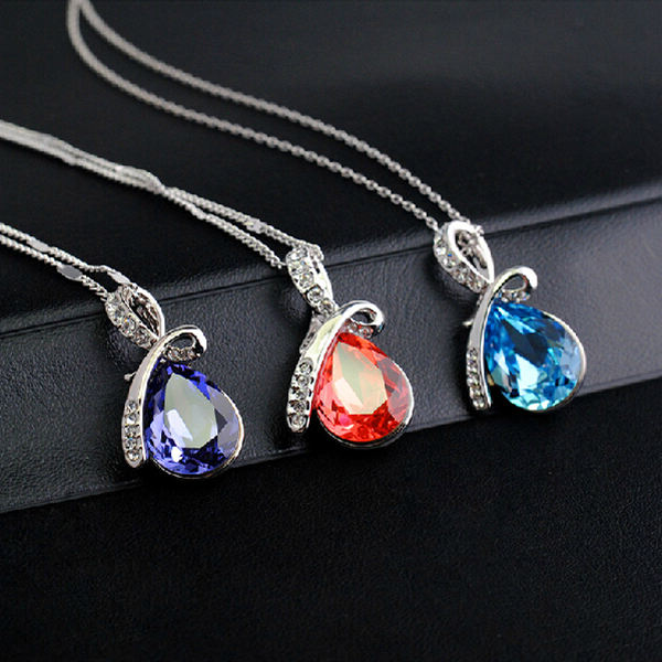 OTTATAT Women Plated Crystal Necklace Water Drop Pendant Girls Wedding Party Jewelry Accessories