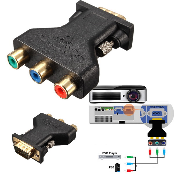 3 RCA RGB Video Female To HD 15-Pin VGA Component Video Converter Adapter TV LCD